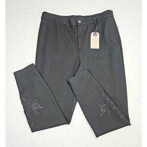 Blue Earth Womens Black High Rise Slim Leg Embroidered Pants Size Large NWT